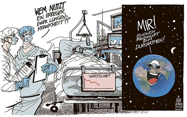  Oliver Schopf, politischer Karikaturist aus Österreich, politische Karikaturen, Illustrationen Archiv politische Karikatur Welt Klima und Umwelt 2020 CORONAVIRUS KRISE SARS-COV-2 COVID-19 WIRTSCHAFT PATIENT LUNGENKRANKHEIT ÄRZTE SPITAL BEATMUNG GERÄT GESUNDHEITSZUSTAND PLANET ERDE KLIMA WANDEL FRISCHLUFT DURCHATMEN
