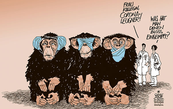 Oliver Schopf, politischer Karikaturist aus Österreich, politische Karikaturen aus Österreich, Karikatur Cartoon Illustrationen Politik Politiker international 2020: CORONAVIRUS KRISE SARS-CoV-2 COVID-19 LEUGNER VERSCHWÖRUNGSTHEORIE DREI AFFEN NICHTS HÖREN NICHTS SEHEN NICHTS REDEN MASKE MUND-NASEN-SCHUTZ IMPFEN ÄRZTE  

