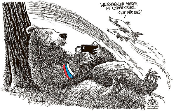 Oliver Schopf, politischer Karikaturist aus Österreich, politische Karikaturen aus Österreich, Karikatur Cartoon Illustrationen Politik Politiker international 2018 
CYBERKRIEG RUSSLAND BÄR LACHS
ABHÖREN SPION         
