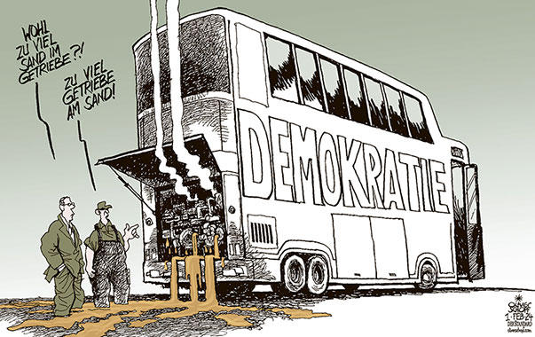 Oliver Schopf, politischer Karikaturist aus Österreich, politische Karikaturen aus Österreich, Karikatur Cartoon Illustrationen Politik Politiker international 2024: DEMOKRATIE AUTOBUS REISEBUS BUS MOTOR DEFEKT SAND IM GETRIEBE RECHTSRADIKALISMUS SCHADEN AUTIRITARISMUS AUTORITÄR


































 

 







