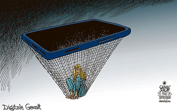 Oliver Schopf, politischer Karikaturist aus Österreich, politische Karikaturen aus Österreich, Karikatur Cartoon Illustrationen Politik Politiker international @oliverschopf.bsky.social 2026: FRAUEN DIGITALE GEWALT DEEPFAKE NETZ INTERNET COLLIEN FERNANDES ULMEN DER SPIEGEL


