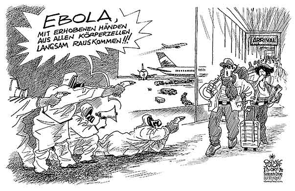  Oliver Schopf, politischer Karikaturist aus Österreich, politische Karikaturen, Illustrationen Archiv politische Karikatur Welt 2014 Ebola Flughafen Fiebermessungen 


