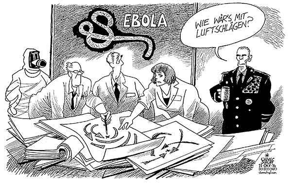  Oliver Schopf, politischer Karikaturist aus Österreich, politische Karikaturen, Illustrationen Archiv politische Karikatur Welt 2014 EBOLA VIRUS GESUNDHEIT EPIDEMIE PLAN MASSNAHMEN MILITAER LUFTSCHLAEGE  

