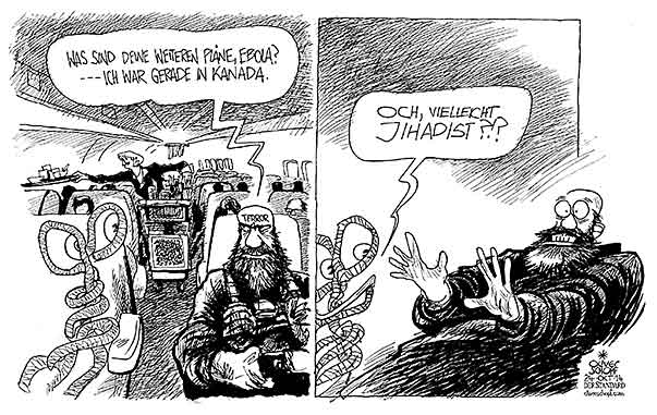 Oliver Schopf, politischer Karikaturist aus Österreich, politische Karikaturen aus Österreich, Karikatur Cartoon Illustrationen Politik Politiker international 2014: EBOLA VIRUS TERROR JIHADIST KANADA FLUGZEUG FLUG ECONOMY CLASS GESPRAECH 


 