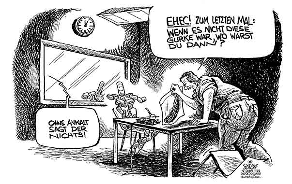 Oliver Schopf, politischer Karikaturist aus Österreich, politische Karikaturen aus Österreich, Karikatur Illustrationen Politik Politiker international 2011 ehec bakterium gurke gemuese vergiftung vernehmungsraum verhoer