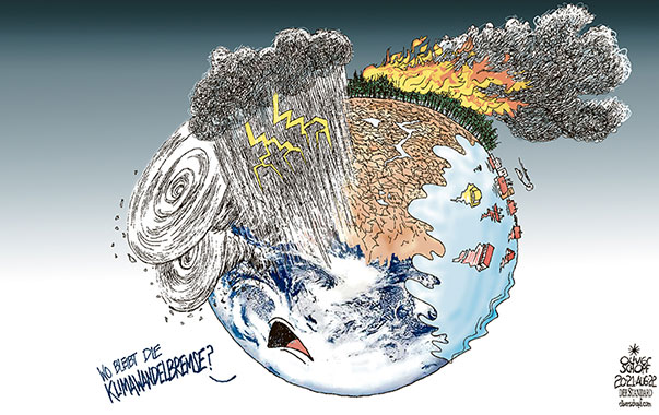 Oliver Schopf, politischer Karikaturist aus Österreich, politische Karikaturen aus Österreich, Karikatur Cartoon Illustrationen Politik Politiker international 2022: KLIMA KLIMAWANDEL KLIMAKATASTROPHE KATASTROPHE PLANET ERDE UNWETTER HURRICAN DÜRRE WASSER HOCHWASSER BREMSE
