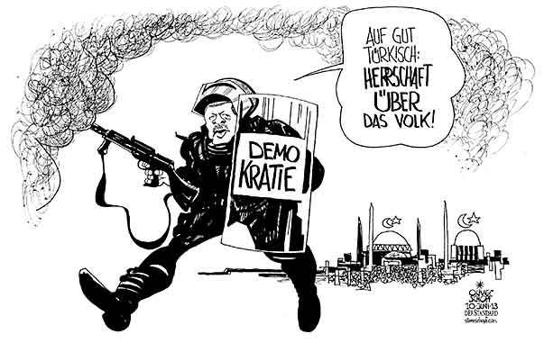  Oliver Schopf, politischer Karikaturist aus Österreich, politische Karikaturen, Illustrationen Archiv politische Karikatur Welt 2013 TUERKEI ISTANBUL ERDOGAN TAYYIP PROTESTE POLIZEI TRAENENGAS GEZI PARK TAKSIM PLATZ DEMOKRATIE FREIHEIT MOSCHEE 
