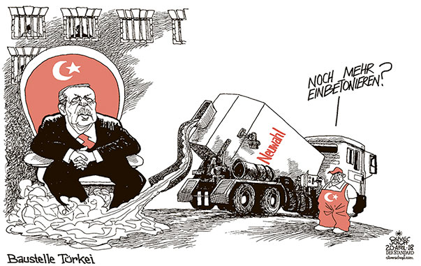  Oliver Schopf, politischer Karikaturist aus Österreich, politische Karikaturen, Illustrationen Archiv politische Karikatur Welt Türkei 2018 TÜRKEI NEUWAHLEN ERDOGAN BETON MISCHEN LKW EINBETONIEREN MACHTERHALT GEFÄNGNIS
