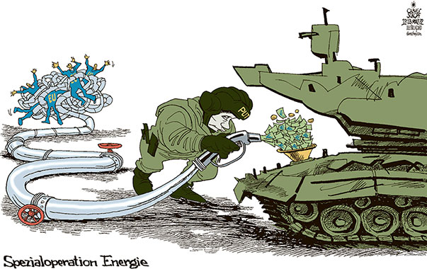 Oliver Schopf, politischer Karikaturist aus Österreich, politische Karikaturen aus Österreich, Karikatur Cartoon Illustrationen Politik Politiker international 2022: UKRAINE KRIEG SPEZIALOPERATION PUTIN PANZER PANZERFAHRER  ENERGIE VERSORGUNG ÖL GAS PIPELINE EU GELD KRIEGSKASSE FINANZIERUNG TANKEN  



