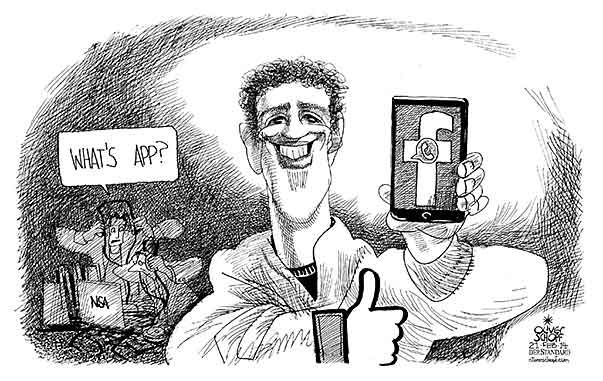Oliver Schopf, editorial cartoons from Austria, cartoonist from Austria, Austrian illustrations, illustrator from Austria, editorial cartoon digital world  2014 FACEBOOK WHATSAPP MARK ZUCKERBERG TAKE OVER NSA SPY CELL PHONE APP LIKE   

  