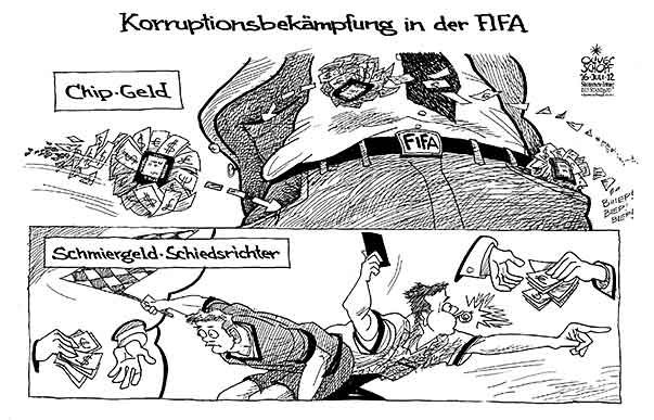 Oliver Schopf, politischer Karikaturist aus Österreich, politische Karikaturen aus Österreich, Karikatur Illustrationen Politik Politiker international 2012 FIFA FUSSBALL KORRUPTION GELD BLATTER CHIP BALL SCHIEDSRICHTER LINIENRICHTER