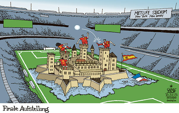 Oliver Schopf, politischer Karikaturist aus Österreich, politische Karikaturen aus Österreich, Karikatur Cartoon Illustrationen Politik Politiker international @oliverschopf.bsky.social 2026: FIFA FUSSBALL WM SEMIFINALE SPANIEN FRANKREICH VERTEIDIGUNG AUFSTELLUNG FINALE METLIFE STADIUM NEW YORK NEW JERSEY BURG BURGGRABEN ZITADELLE BALLBESITZ








