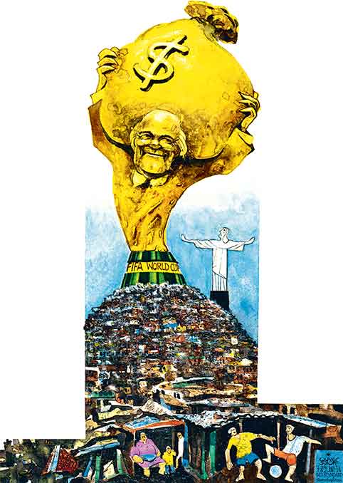 Oliver Schopf, editorial cartoons from Austria, cartoonist from Austria, Austrian illustrations, illustrator from Austria, editorial cartoon politics politician International, Cartoon Arts International, New York Times Syndicate, Cagle cartoon 2014 FIFA WORLD CUP BRAZIL JOSEPH BLATTER TROPHY SOCCER FAVELAS  RIO DE JANEIRO JESUS CHRIST POOR  
