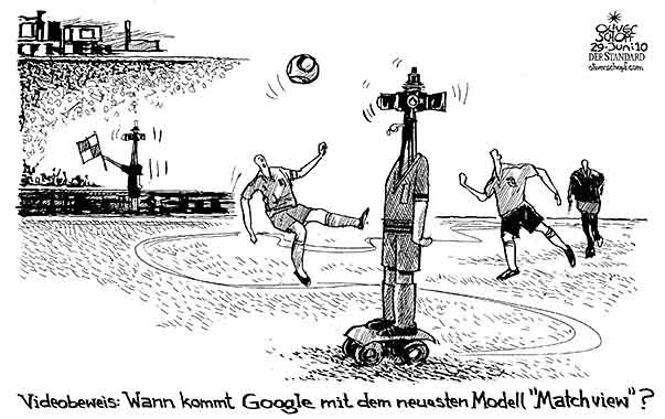  Oliver Schopf, politischer Karikaturist aus Österreich, politische Karikaturen, Illustrationen Archiv politische Karikatur Welt Sport  2010:  fussball wm schiedsrichter videobeweis google match view
