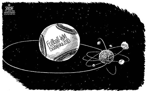 Oliver Schopf, politischer Karikaturist aus Österreich, politische Karikaturen, Illustrationen Archiv politische Karikatur Welt Sport  2010:  fussball wm suedafrika ball jabulani planeten erde trabant krise


