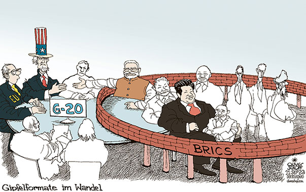 Oliver Schopf, politischer Karikaturist aus Österreich, politische Karikaturen aus Österreich, Karikatur Cartoon Illustrationen Politik Politiker international 2023: G-20 GIPFEL INDIEN NEU DELHI BRICS STAATEN WESTEN USA EU OSTEN SCHWELLENLÄNDER NARENDRA MODI XI JINPING PUTIN LULA RAMAFOSA 




