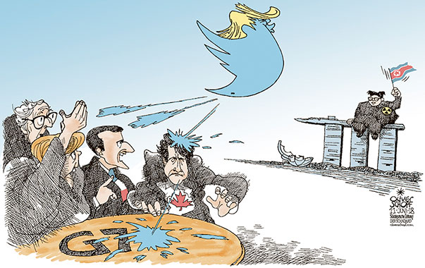 Oliver Schopf, editorial cartoons from Austria, cartoonist from Austria, Austrian illustrations, illustrator from Austria, editorial cartoon North Korea 2018 G7 SUMMIT CANADA MERKEL TRUDEAU MACRON JUNCKER TRUMP TWEET SINGAPORE KIM JONG UN SHIT     
