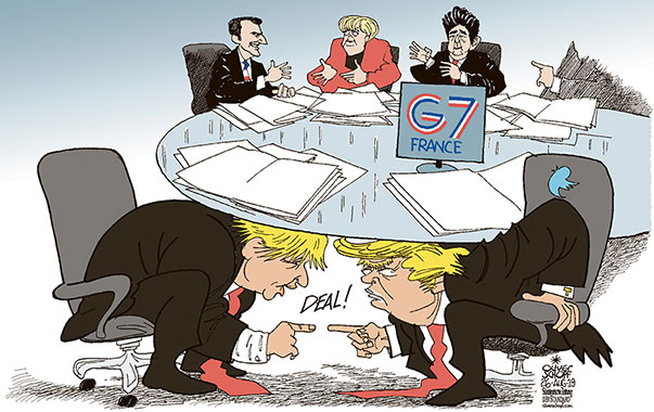  Oliver Schopf, politischer Karikaturist aus Österreich, politische Karikaturen, Illustrationen Archiv politische Karikatur Welt Archiv 2019 G7 GIPFEL FRANKREICH BIARRITZ MACRON MERKEL ABE TRUMP JOHNSON DEAL UNTER DEM TISCH 





