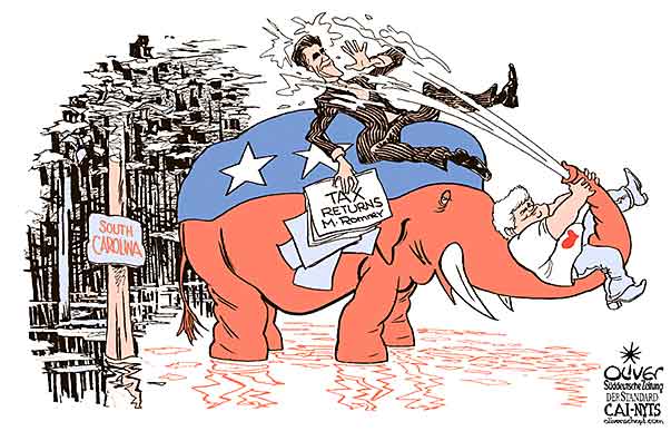  Oliver Schopf, politischer Karikaturist aus Österreich, politische Karikaturen, Illustrationen Archiv politische Karikatur Welt USA Präsidentenwahl 2012  NEWT GINGRICH MITT ROMNEY VORWAHLEN SOUTH CAROLINA ELEFANT REPUBLIKANER SUMPF 



