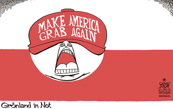 Oliver Schopf, politischer Karikaturist aus Österreich, politische Karikaturen aus Österreich, Karikatur Cartoon Illustrationen Politik Politiker international @oliverschopf.bsky.social 2026: GRÖNLAND FAHNE FLAGGE TRUMP CAP MAGA OKKUPATION INVASION 
