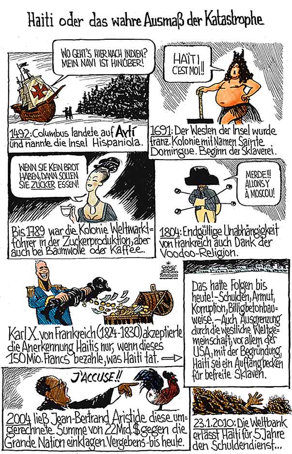 Oliver Schopf, politischer Karikaturist aus Österreich, politische Karikaturen aus Österreich, Karikatur Illustrationen international Jänner 2010: haiti, geschichte, erdbeben, schulden, armut
 