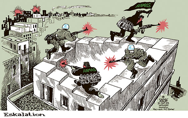 Oliver Schopf, politischer Karikaturist aus Österreich, politische Karikaturen aus Österreich, Karikatur Cartoon Illustrationen Politik Politiker international 2023: NAHER OSTEN ISRAEL PALÄSTINA HAMAS GAZA ANGRIFF GEWALT ZERSTÖRUNG ESKALATION STUFEN ENDLOSE SCHLEIFE MC ESCHER 
