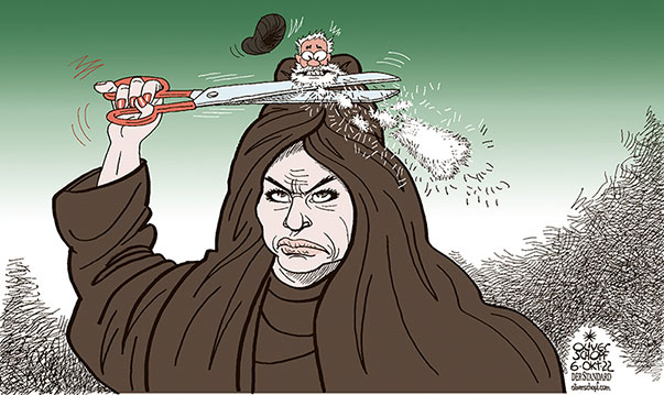 Oliver Schopf, politischer Karikaturist aus Österreich, politische Karikaturen aus Österreich, Karikatur Cartoon Illustrationen Politik Politiker international 2022: IRAN PROTESTE FRAUEN FREIHEIT KLEIDERVORSCHRIFTEN SCHLEIER HAARE SCHNEIDEN MULLAHS BART





