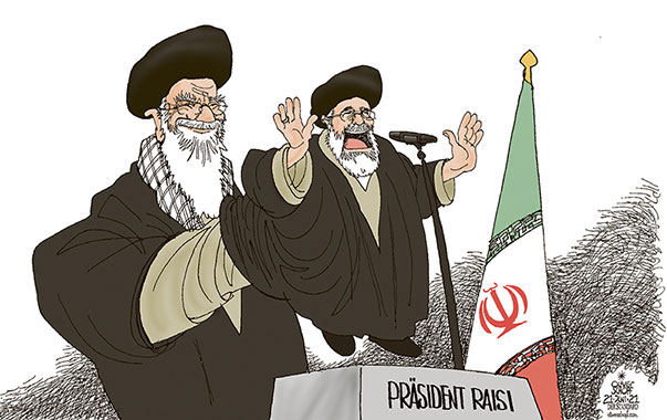 Oliver Schopf, politischer Karikaturist aus Österreich, politische Karikaturen aus Österreich, Karikatur Cartoon Illustrationen Politik Politiker international 2021: IRAN ALI KHAMENEI WAHLEN PRÄSIDENT EBRAHIM RAISI PUPPE BAUCHREDNER MACHT   
