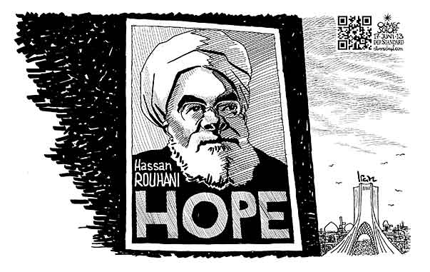  Oliver Schopf, politischer Karikaturist aus Österreich, politische Karikaturen, Illustrationen Archiv politische Karikatur Welt 2013 IRAN HASSAN ROHANI WAHL PRAESIDENT TEHERAN PLAKAT HOPE OBAMA CHANGE 
 
 



