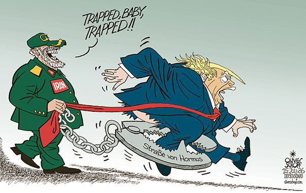 Oliver Schopf, politischer Karikaturist aus Österreich, politische Karikaturen aus Österreich, Karikatur Cartoon Illustrationen Politik Politiker international @oliverschopf.bsky.social 2026: IRAN KRIEG STRASSE VON HORMUS REVOLUTIONSGARDEN TRUMP FALLE DRILL BABY DRILL GEFANGEN






