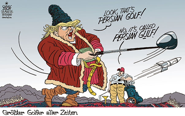 Oliver Schopf, politischer Karikaturist aus Österreich, politische Karikaturen aus Österreich, Karikatur Cartoon Illustrationen Politik Politiker international @oliverschopf.bsky.social 2026: IRAN KRIEG NAHER OSTEN PERSISCHER GOLF SPIELEN TRUMP GOLFER RAKETE SCHLÄGER PERSERTEPPICH 


