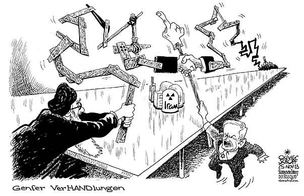  Oliver Schopf, politischer Karikaturist aus Österreich, politische Karikaturen, Illustrationen Archiv politische Karikatur Welt 2013 IRAN ATOM PROGRAMM VERHANDLUNGEN TISCH  GENF EINIGUNG SHAKE HANDS ISRAEL NETANYAHU
  



