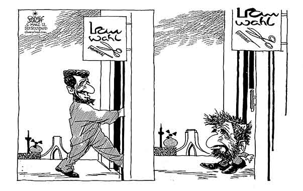 Oliver Schopf, politischer Karikaturist aus Österreich, politische Karikaturen aus Österreich, Karikatur Illustrationen Politik Politiker international  2012 IRAN WAHLEN AHMADINEDSCHAD FRISEUR STUTZEN   
 










 