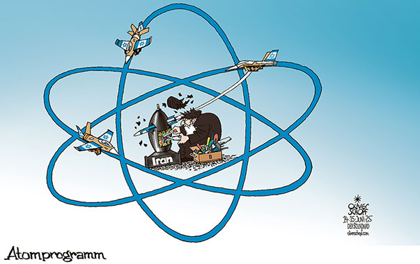 Oliver Schopf, politischer Karikaturist aus Österreich, politische Karikaturen aus Österreich, Karikatur Cartoon Illustrationen Politik Politiker international @oliverschopf.bsky.social 2025: NAHER OSTEN ISTAEL IRAN ANGRIFF KAMPFJET ATOMANLAGEN ZERSTÖREN ATOMPROGRAMM ATOMBOMBE MULLAH BASTELN ATOMMODELL  























