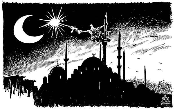 Oliver Schopf, editorial cartoons from Austria, cartoonist from Austria, Austrian illustrations, illustrator from Austria, editorial cartoon  2016 TURKEY ISTANBUL ASSAULT TERROR ISIL HAGIA SOPHIA FLAG MOON STAR MINARET PRAYER 
