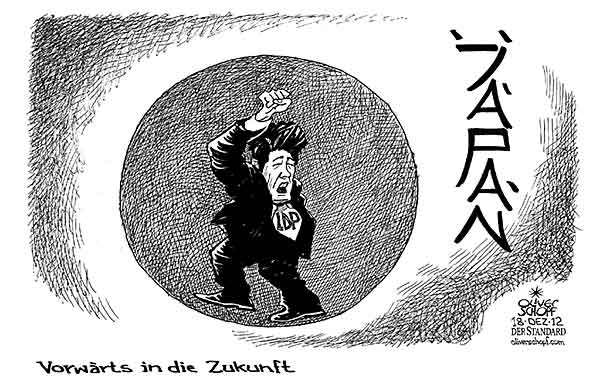  Oliver Schopf, politischer Karikaturist aus Österreich, politische Karikaturen, Illustrationen Archiv politische Karikatur Welt Asien Japan japan  2012 JAPAN LDP SHINZO ABE WAHLEN SIEG VORWAERTS ZUKUNFT





