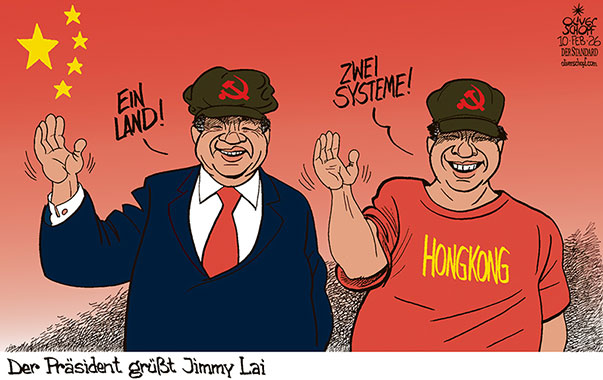 Oliver Schopf, politischer Karikaturist aus Österreich, politische Karikaturen aus Österreich, Karikatur Cartoon Illustrationen Politik Politiker international @oliverschopf.bsky.social 2026: CHINA HONGKONG JIMMY LAI PUBLIZIST DEMOKRATIE AKTIVIST VERURTEILUNG 20 JAHRE XI JINPING EIN LAND ZWEI SYSTEME  


