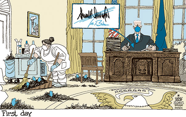 Oliver Schopf, editorial cartoons from Austria, cartoonist from Austria, Austrian illustrations, illustrator from Austria, editorial cartoon politics politician International, Politico, Cartoon Arts International, 2021: USA JOE BIDEN PRESIDENT OVAL OFFICE RESOLUTE DESK FIRST DAY DECREE SIGN SIGNATURE CLEANING CLEANER TWITTER DIRT DEBRIS BIRD TRUMP   

