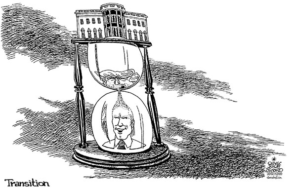 Oliver Schopf, editorial cartoons from Austria, cartoonist from Austria, Austrian illustrations, illustrator from Austria, editorial cartoon politics politician International, Politico, Cartoon Arts International, 2020: USA PRESIDENT ELECT JOE BIDEN TRANSITION TRUMP HOURGLASS TIME TO GO   
