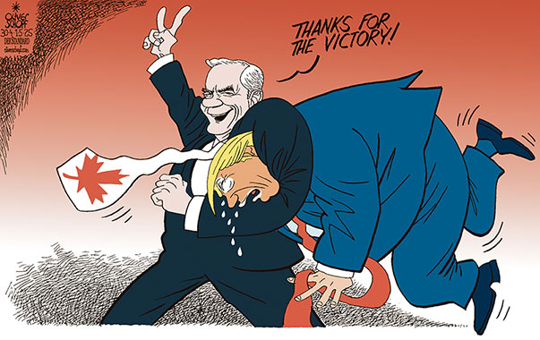 Oliver Schopf, politischer Karikaturist aus Österreich, politische Karikaturen aus Österreich, Karikatur Cartoon Illustrationen Politik Politiker international @oliverschopf.bsky.social 2025: KANADA PARLAMENTSWAHLEN MARK CARNEY LIBERALE SIEGER GEWINNER TRUMP SCHWITZKASTEN 

















