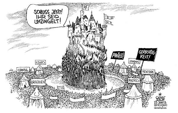 Oliver Schopf, politischer Karikaturist aus Österreich, politische Karikaturen aus Österreich, Karikatur Illustrationen Politik Politiker international 2013 DEMONSTRATIONEN ISTANBUL BRASILIEN KAIRO TAKSIM PLATZ FREIHEIT PROTEST GERECHTIGKEIT MACHT GELD BURG KASTELL BELAGERUNG