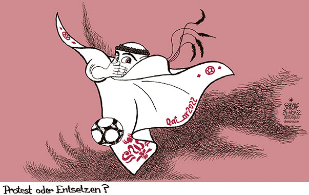 Oliver Schopf, politischer Karikaturist aus Österreich, politische Karikaturen aus Österreich, Karikatur Cartoon Illustrationen Politik Politiker international 2022: KATAR FIFA FUSSBALL WM MASKOTTCHEN LA’EEB PROTEST ENTSETZEN ONE LOVE DEUTSCHLAND MANNSCHAFT HAND VOR DEM MUND MEINUNGSFREIHEIT MENSCHENRECHTE  
 

Reformklausur