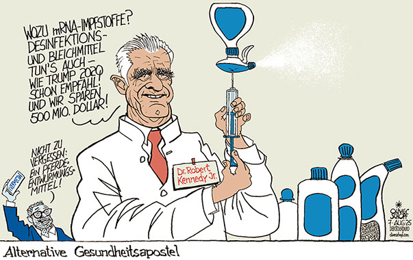 Oliver Schopf politische Karikaturen: US-Gesundheitsminister Robert J Kennedy Jr. stoppt die Forschung an mRNA-Impfstoffen, mit dem Argument, 500 Mio. Dollar einsparen zu müssen. Alternativen gibt er keine an, doch Vorschläge aus der Covid-Pandemie könnten wieder aktuell werden. Auch aus Österreich.
Oliver Schopf, politischer Karikaturist aus Österreich, politische Karikaturen aus Österreich, Karikatur Cartoon Illustrationen Politik Politiker international @oliverschopf.bsky.social 2025: USA ROBERT F KENNEDY JR GESUNDHEITSMINISTER mRNA IMPFSTOFFE VAKZIN FORSCHUNG WISSENSCHAFT BLEICHMITTEL DESINFEKTIONSMITTEL TRUMP COVID-19 HERBERT KICKL PFERDEENTWURMUNGSMITTEL IVERMECTIN
