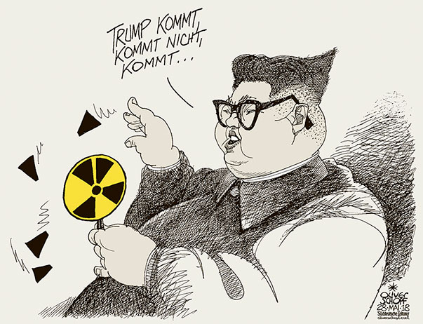  Oliver Schopf, politischer Karikaturist aus Österreich, politische Karikaturen, Illustrationen Archiv politische Karikatur Welt USA Präsidentenwahl 2018 KIM JONG UN TRUMP TREFFEN GIOPFEL SINGAPUR BLUME ZUPFEN RADIOAKTIV ZEICHEN ATOMWAFFEN ABRÜSTUNG



