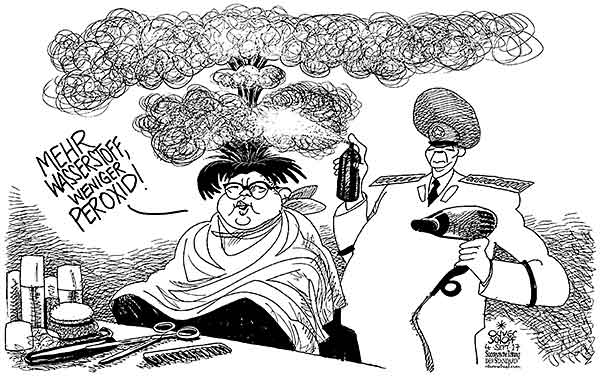 Oliver Schopf, politischer Karikaturist aus Österreich, politische Karikaturen aus Österreich, Karikatur Cartoon Illustrationen Politik Politiker international 2017 
NORDKOREA KIMJONG UN FRISUR WASSERSTOFF BOMBE PEROXID FRISEUR MILITÄR RAKETENTEST            
