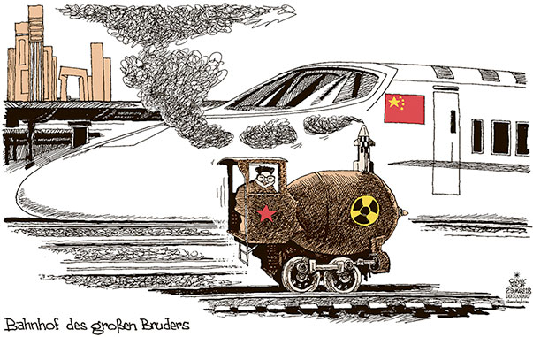 Oliver Schopf, politischer Karikaturist aus Österreich, politische Karikaturen aus Österreich, Karikatur Cartoon Illustrationen Politik Politiker international 2018 
NORD KOREA KIM JONG-UN ZUG REISE STAATSBESUCH CHINA BAHNHOF ATOMBOMBE LOKOMOTIVE HOCHGESCHWINDIGKEITSZUG   
