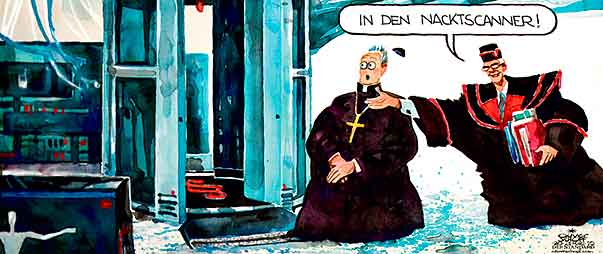 Oliver Schopf, politischer Karikaturist aus Österreich, politische Karikaturen aus Österreich, Karikatur Illustrationen Politik Politiker international 2010: katholische kirche priester nacktscanner staatsanwalt klage 


 