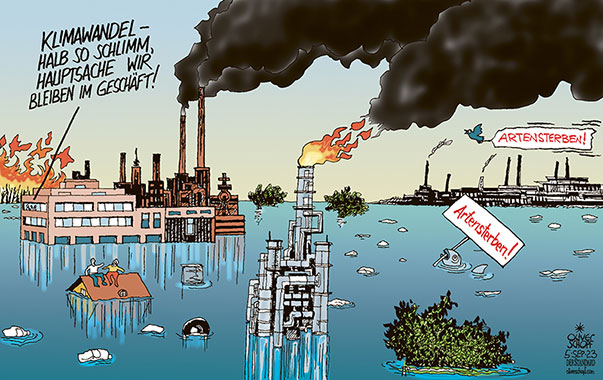 Oliver Schopf, politischer Karikaturist aus Österreich, politische Karikaturen aus Österreich, Karikatur Cartoon Illustrationen Politik Politiker international 2023: KLIMA KLIMAWANDEL KLIMAKRISE KLIMAKATASTROPHE ÜBERSCHWEMMUNG INDUSTRIE CO2 ARTENSTERBEN BIODIVERSITÄT

   
