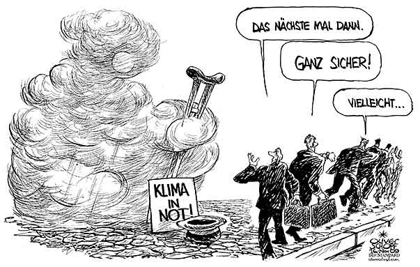 Oliver Schopf, politischer Karikaturist aus Österreich, politische Karikaturen aus Österreich, Karikatur Illustrationen international 2009: klima, konferenz, bettler, almosen, konferenzteilnehmer

 
