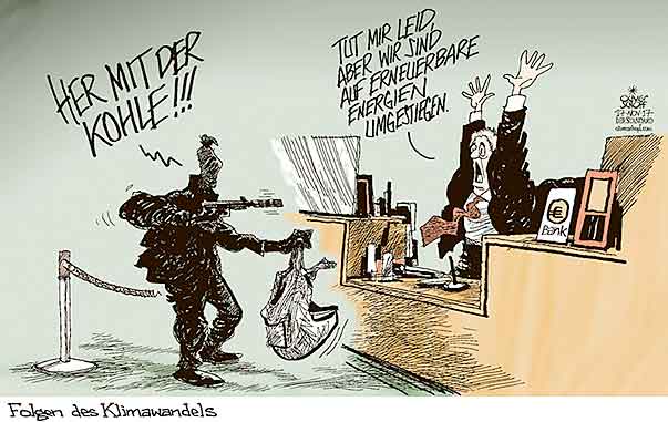  Oliver Schopf, politischer Karikaturist aus Österreich, politische Karikaturen, Illustrationen Archiv politische Karikatur Welt Klima und Umwelt 2017 KLIMAWANDEL ERDERWÄRMUNG KONFERENZ BONN KOHLE KOHLEAUSSTIEG ERNEUERBARE ENERGIEN BANK ÜBERFALL BANKRÄUBER SCHALTER GELD 
